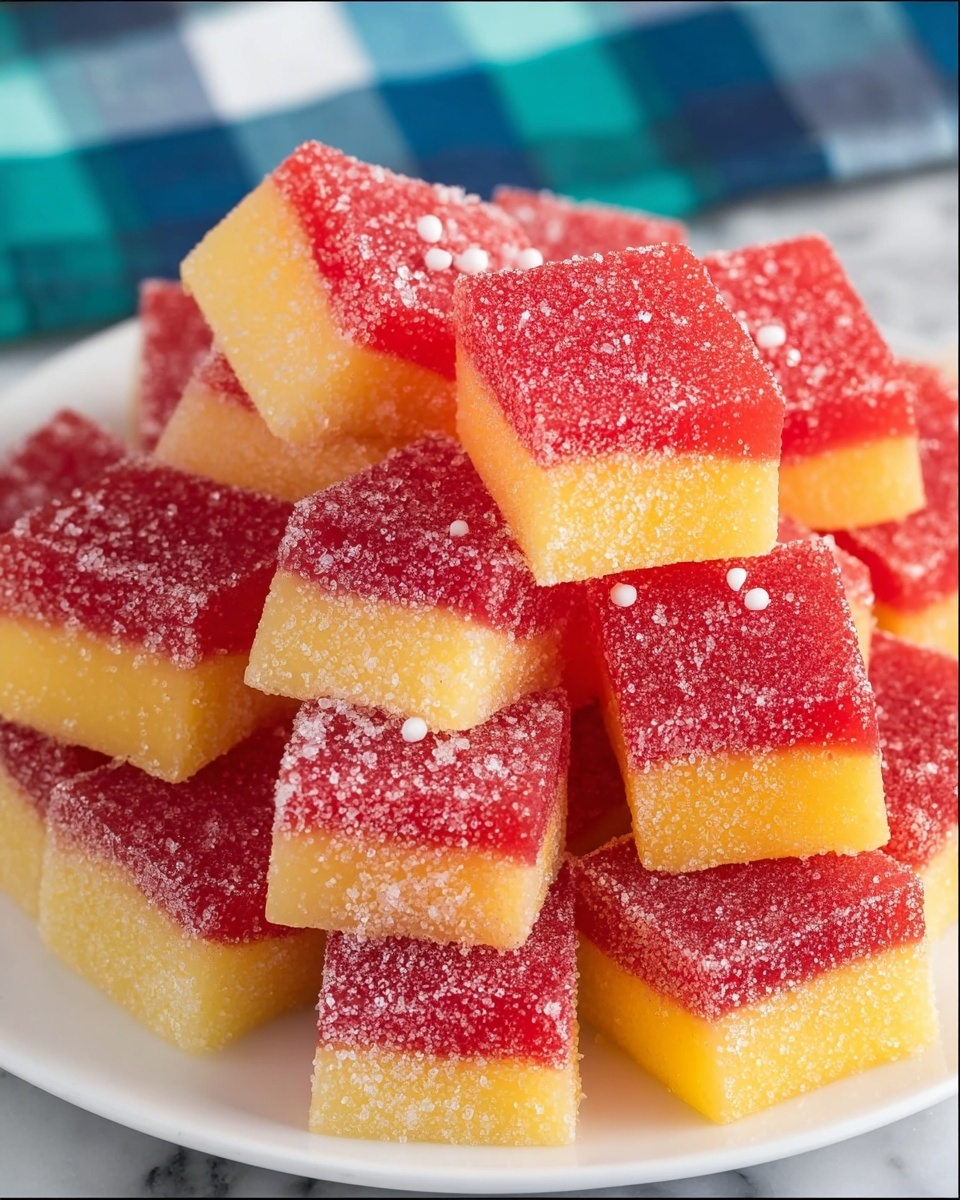 A white plate holds many small square candies with two layers; the top layer is red with a sugar crystal texture and small white sugar balls scattered on it, while the bottom layer is yellow with a smoother sugar coating. The candies are piled on each other, showing their sharp edges and bright colors. The plate sits on a white marbled surface with a blue and green checkered cloth blurred in the background. photo taken with an iphone --ar 4:5 --v 7