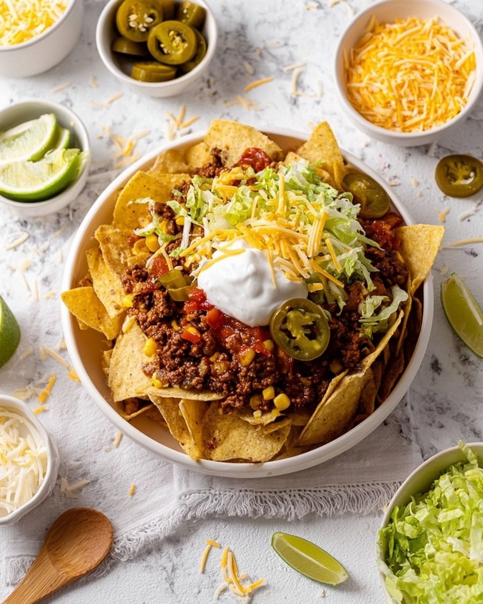 A white bowl filled with nachos inside and around the bowl on a white marbled surface, the nachos layered with ground meat mixed with corn and salsa, green jalapeño slices, shredded lettuce, a dollop of sour cream, a sprinkle of shredded yellow cheese, and a lime slice on top, surrounded by small bowls with shredded cheese, sour cream, jalapeños, lime wedges, and shredded lettuce, with a wooden spoon on the side. photo taken with an iphone --ar 4:5 --v 7