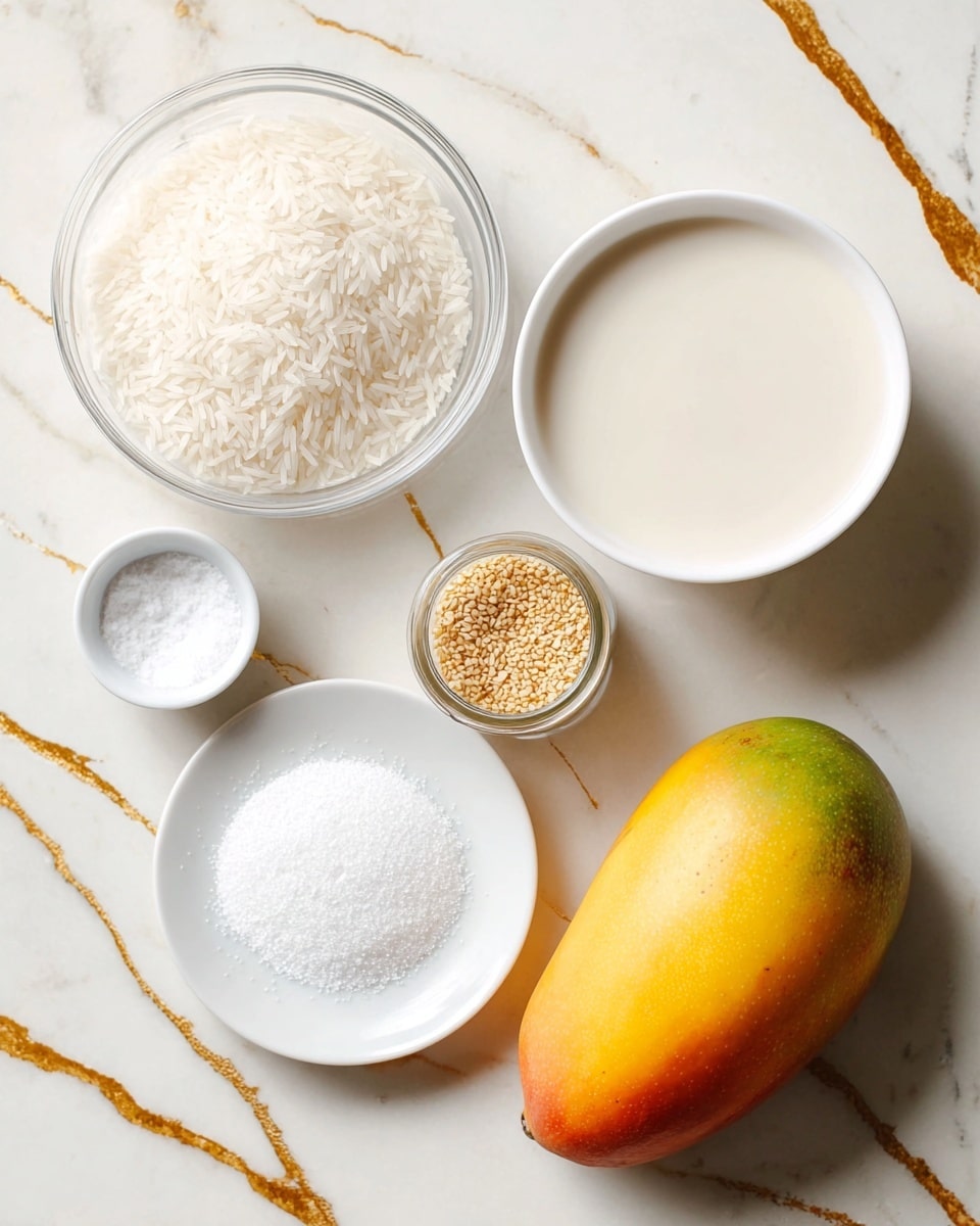 The image shows six ingredients arranged on a white marbled surface with gold lines. In the top left, there is a clear bowl filled with white rice grains. To its right, a white bowl holds a smooth, off-white liquid, likely coconut milk. Below the rice, a white plate contains a small pile of fine white sugar. Next to it on the left, a tiny white bowl has a small amount of salt. To the right, a small glass jar is filled with golden sesame seeds. At the bottom right, there is a whole mango with yellow and orange skin showing some green on the bottom side. photo taken with an iphone --ar 4:5 --v 7