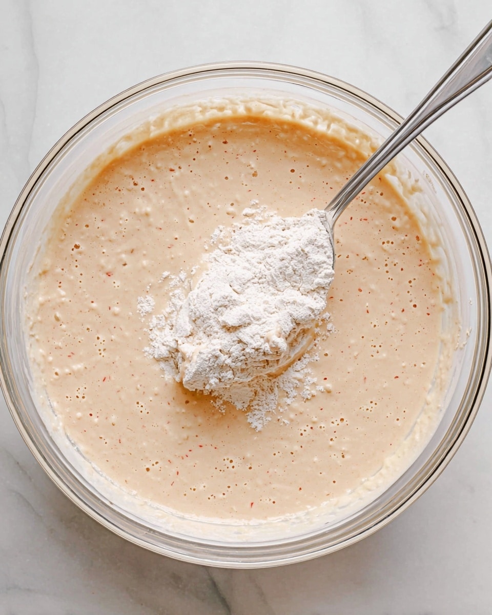 A clear glass bowl sits on a white marbled surface filled with a light brown, creamy batter that has small bubbles and tiny red specks throughout. A silver fork is holding a piece covered in flour and partially dipped in the batter inside the bowl. The batter is smooth and coats the piece evenly, while the edges of the bowl are slightly smeared with the mixture. photo taken with an iphone --ar 4:5 --v 7