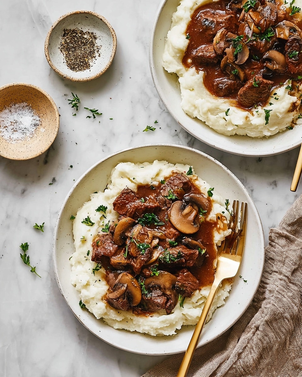 Two white plates are placed on a white marbled surface. Each plate holds one large layer of smooth, creamy white mashed potatoes. On top of the mashed potatoes, there is a thick layer of brown beef stew with visible chunks of cooked beef and sliced mushrooms, coated in dark brown gravy. The beef and mushrooms are sprinkled with small green parsley leaves. Next to each plate is a gold fork resting on the plate edge. A small beige bowl containing coarse salt and crushed black pepper is placed nearby. The photo taken with an iphone --ar 4:5 --v 7