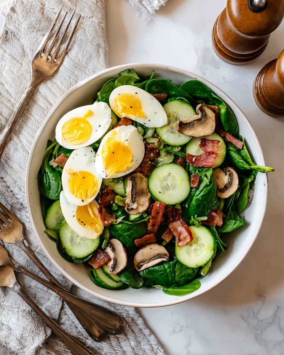 A white bowl holds a fresh salad with three main layers. The bottom layer is dark green baby spinach leaves. On top of the spinach, there are light green cucumber slices and light brown mushroom slices spread around. The top layer features quartered hard-boiled eggs with bright yellow yolks and small pieces of crispy bacon scattered across the salad. The bowl is on a white marbled surface with a light gray cloth and three forks to the left, and a brown pepper grinder to the right. Photo taken with an iphone --ar 4:5 --v 7
