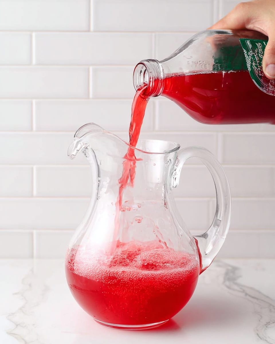 A clear glass pitcher sitting on a white marbled surface is being filled with bright red juice from a clear glass bottle held by a woman's hand on the left side. The juice is flowing smoothly into the pitcher, creating bubbles and splashes as it fills the bottom layer. The background is a white tile wall with horizontal rectangular tiles. The pitcher has a rounded shape with a handle on the left and a spout on the right, and the juice’s vibrant red color contrasts with the clear glass. Photo taken with an iphone --ar 4:5 --v 7