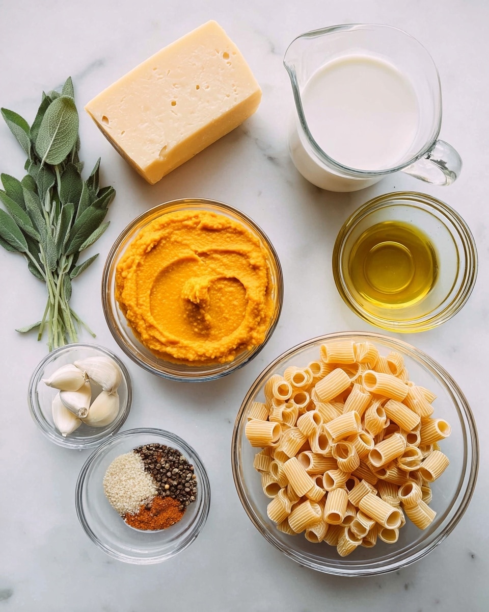 The image shows ingredients for a pasta dish arranged neatly on a white marbled surface. From left to right, there is a block of hard pale yellow cheese at the top left corner with fresh green herb leaves next to it. Below the cheese and herbs is a clear bowl filled with smooth orange pumpkin puree. To the right of the puree is a small glass pitcher filled with white milk. Adjacent to this, there is a clear bowl with elbow-shaped uncooked pasta that is light yellow with a slightly rough texture. Above the pasta, there is a small clear bowl holding four cloves of peeled garlic. At the top right, a glass container of golden olive oil is visible. In the upper middle, another small clear bowl contains a mix of brown, white, and black spices. The whole setting is clean and well-organized with a soft natural light. Photo taken with an iphone --ar 4:5 --v 7