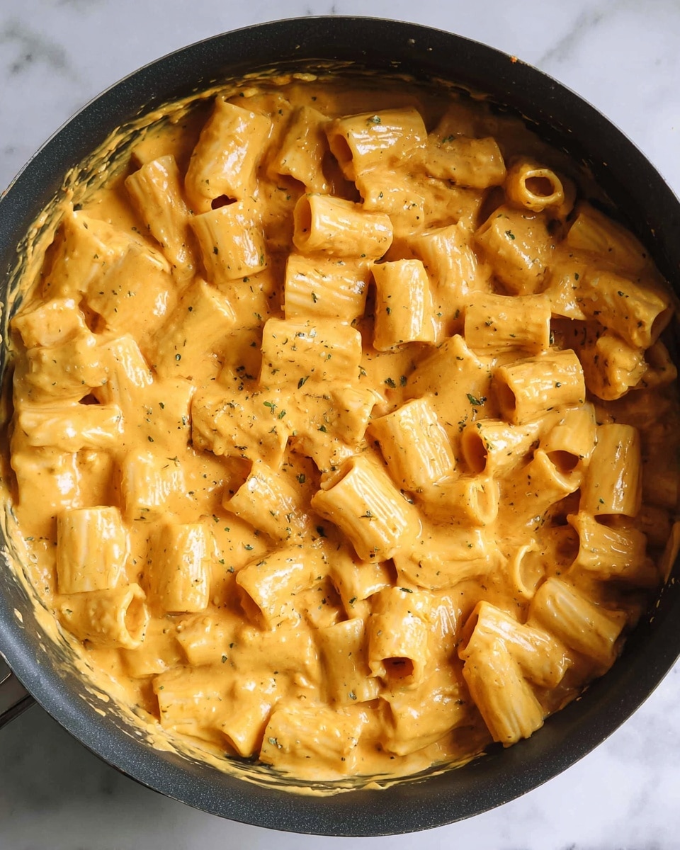A close-up top view of a black pan filled with many large, tube-shaped pasta pieces. The pasta is fully covered in a thick, creamy, orange-colored cheese sauce that looks smooth with hints of herbs mixed in. The pan rests on a white marbled surface that is softly lit. photo taken with an iphone --ar 4:5 --v 7