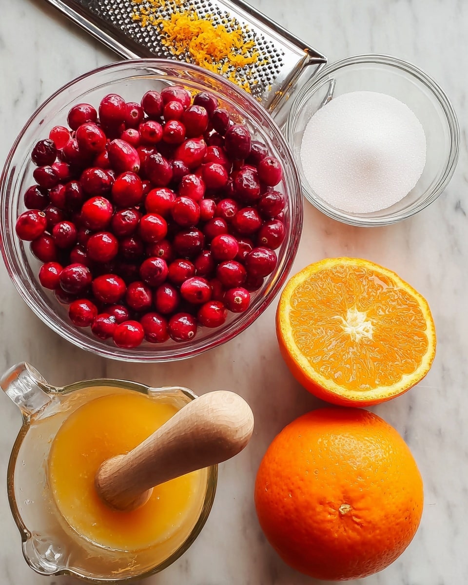 A clear glass bowl filled with bright red cranberries sits on a white marbled surface, with a whole orange next to it on the right. Below the orange is half an orange being squeezed by a wooden reamer, showing its juicy bright orange inside and textured peel. To the left of the orange half is a clear glass measuring cup with orange liquid inside, while a small clear glass bowl full of white sugar is placed above it. A metal grater with an orange zest on top lies at the top of the frame above the bowls, all arranged neatly on the white marbled surface. Photo taken with an iphone --ar 4:5 --v 7
