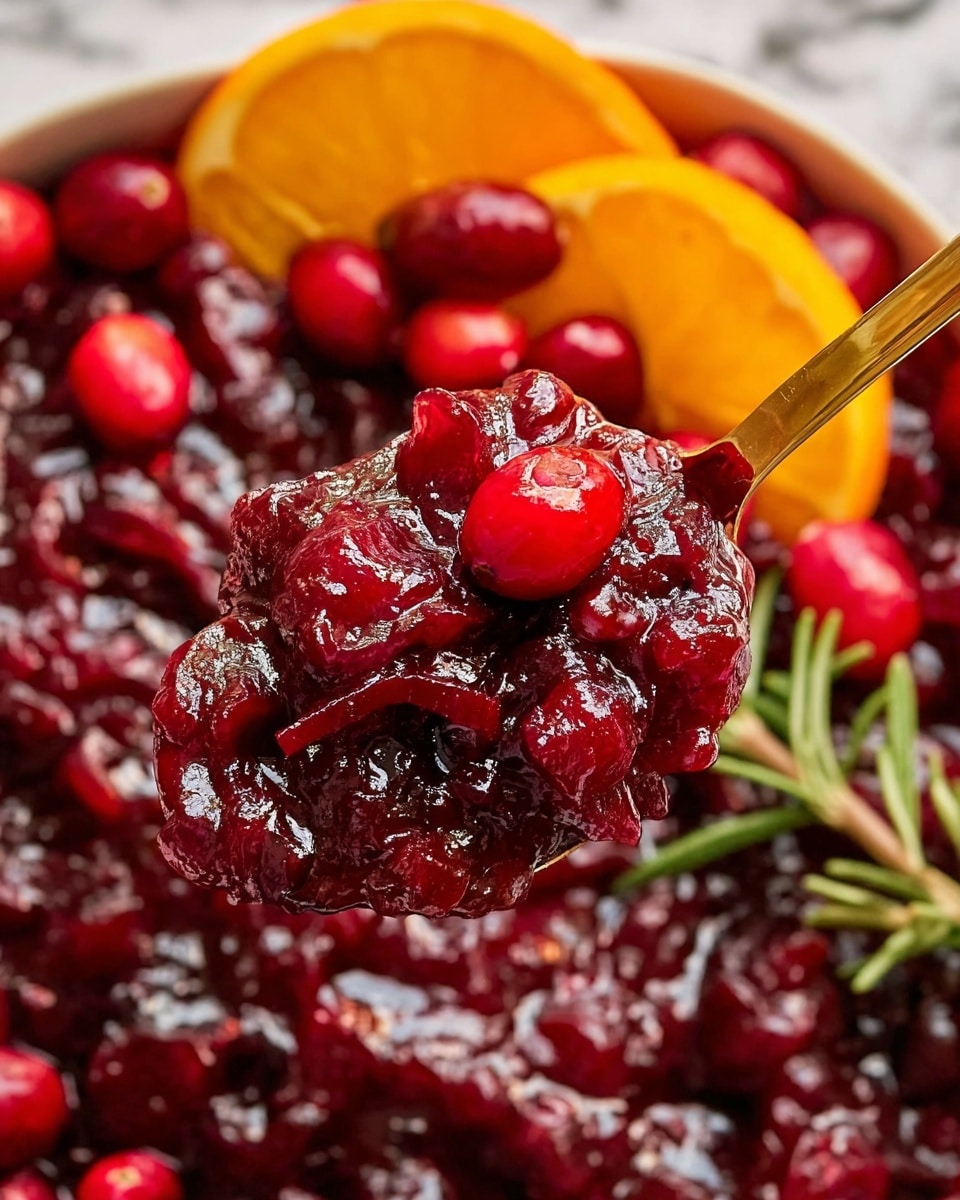 The image shows a close-up of thick, chunky cranberry sauce with a rich red color and shiny texture filling the whole white marbled background. In the center, a gold spoon holds a scoop of the cranberry sauce, displaying whole cranberries and syrupy bits. In the upper part of the image, there are bright orange slices and a few fresh whole red cranberries along with green rosemary sprigs scattered on the sauce, adding color contrast. The photo has a sharp focus on the spoonful while the rest of the sauce is slightly blurred, emphasizing the texture and color depth. Photo taken with an iphone --ar 4:5 --v 7