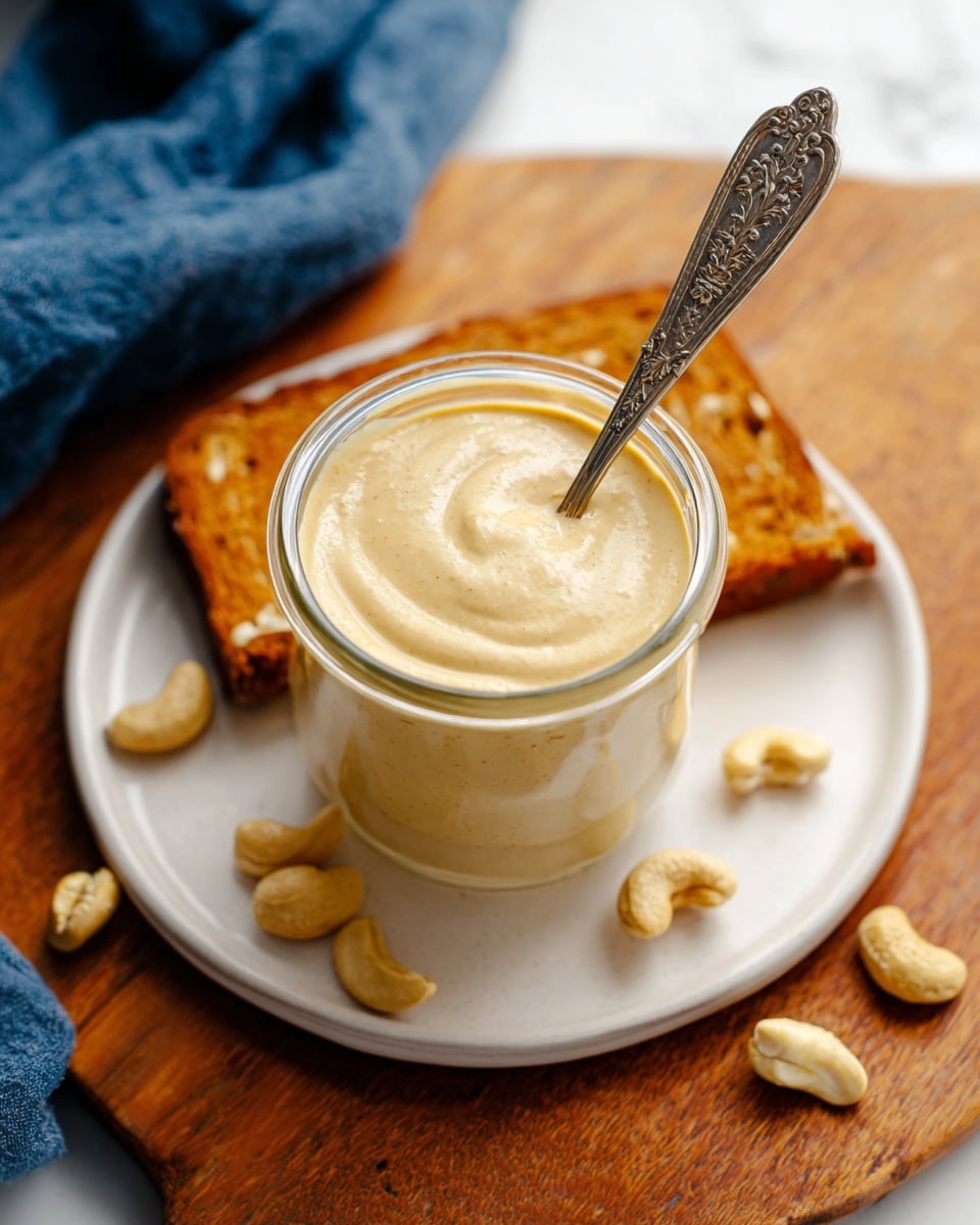 A small glass jar filled with smooth creamy beige cashew sauce, slightly thick with a swirl pattern on top, holds a vintage silver spoon with floral designs standing inside. The jar sits on a round white plate with a warm wooden texture, scattered with whole light beige cashew nuts around it. Behind the jar, a piece of toasted brown bread with a crunchy texture is partially visible. A blue cloth is on the left corner against a white marbled background. Photo taken with an iphone --ar 4:5 --v 7