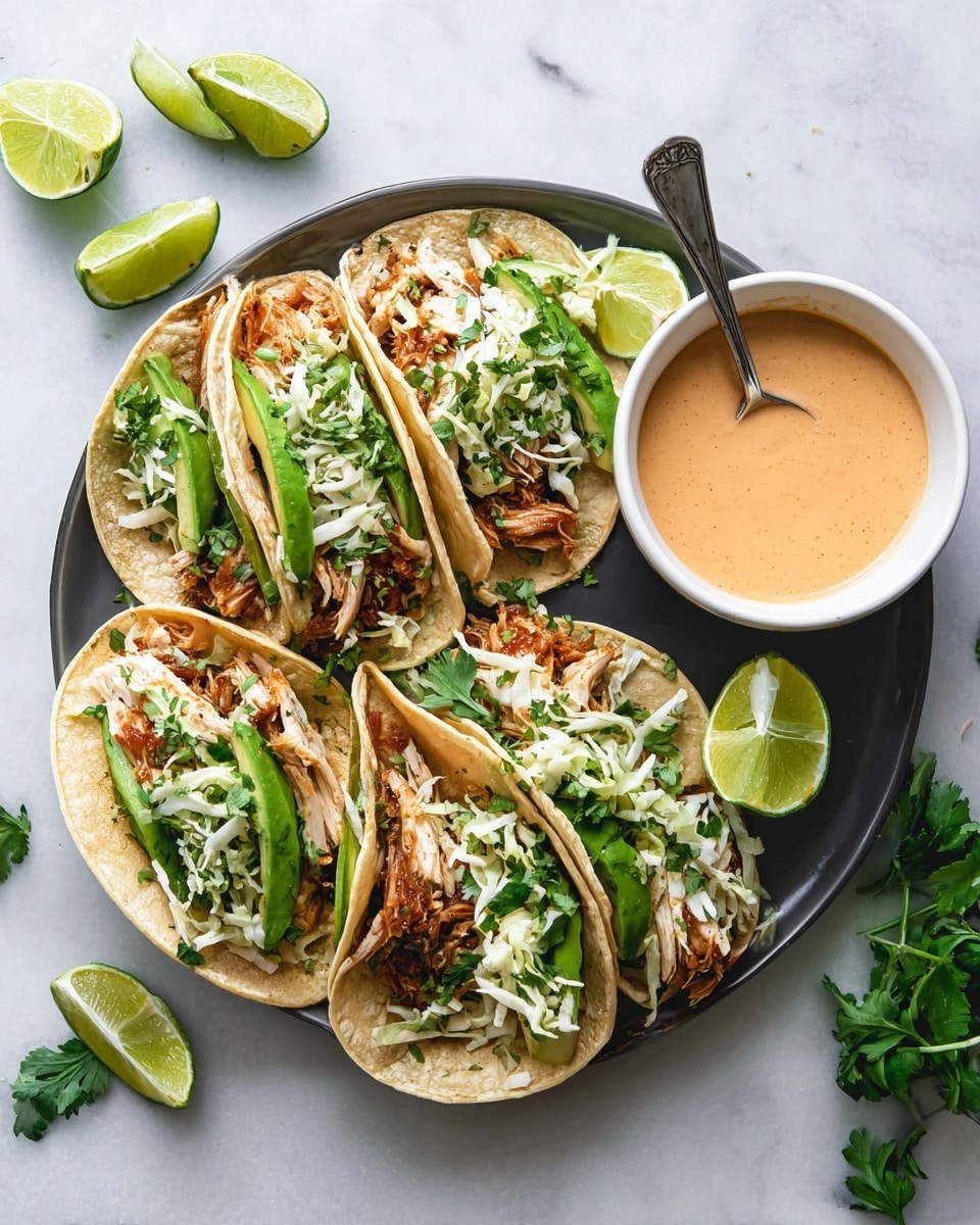 Four tacos sit side by side on a round white plate, each taco holding three layers: a light brown soft tortilla base, slices of browned cooked chicken, and a mix of shredded white cheese, green avocado slices, and green cilantro leaves scattered on top. To the right of the tacos, there are lime wedges and a small white bowl filled with a light orange creamy sauce, with a silver spoon resting inside. The plate is on a white marbled surface with additional lime wedges and cilantro leaves around it. photo taken with an iphone --ar 4:5 --v 7