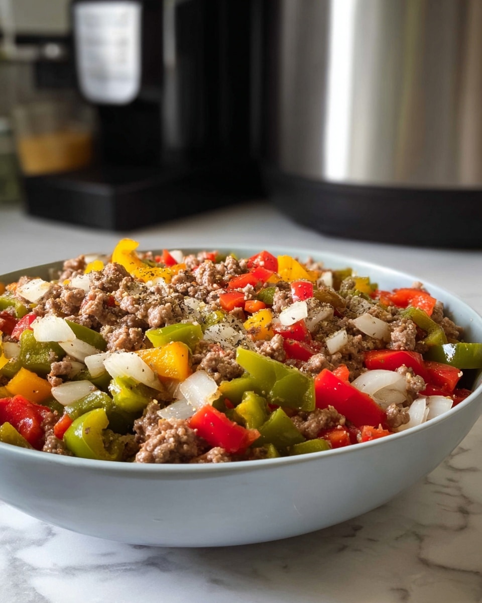 A close-up view of a white bowl filled with a colorful mix of cooked ground meat and chopped bell peppers in three colors: red, green, and yellow, along with white chopped onions sprinkled with black pepper; the mix is evenly spread and fills most of the bowl, which sits on a white marbled surface, with kitchen appliances blurred in the background, photo taken with an iphone --ar 4:5 --v 7