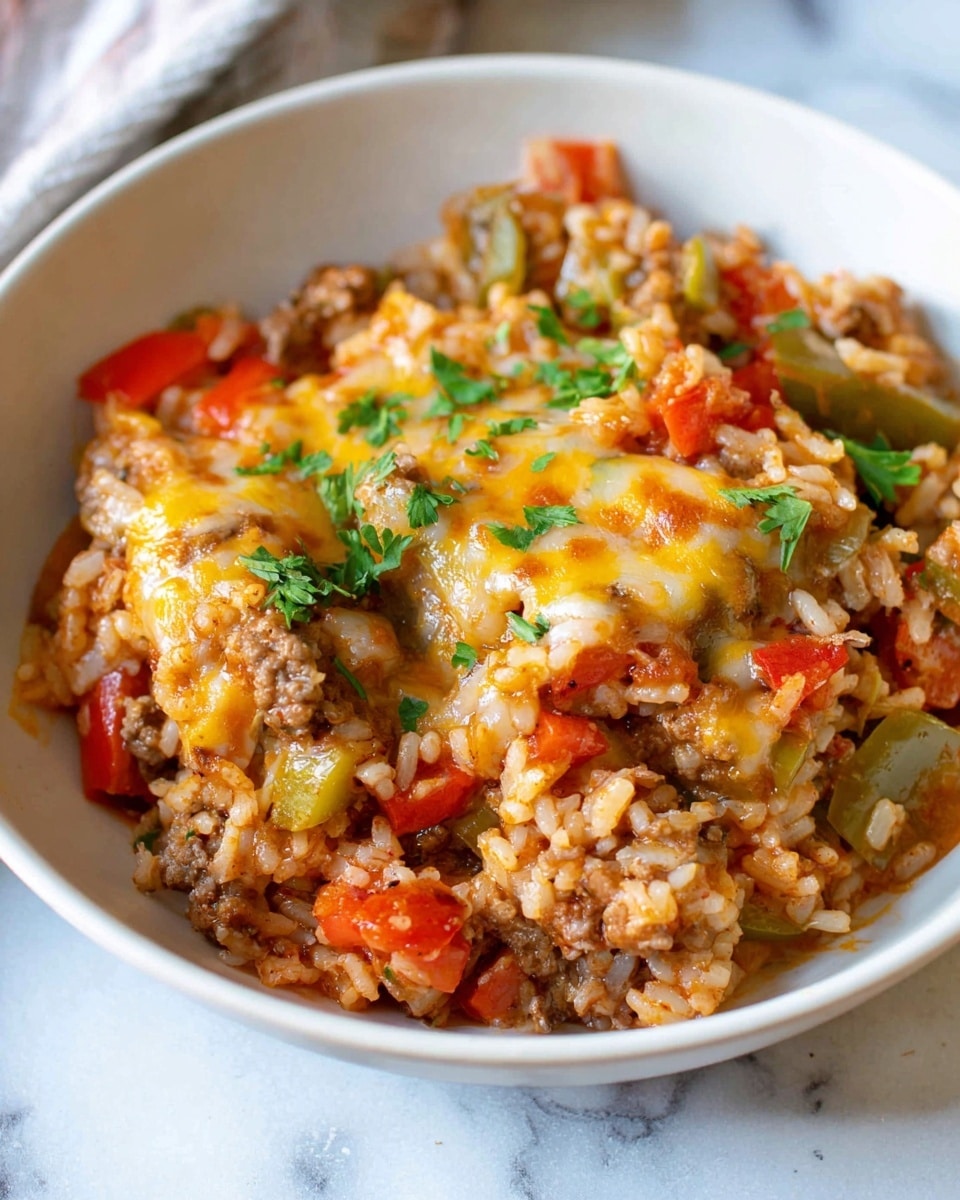 A close-up of a white bowl filled with a layered dish that has cooked rice mixed with small pieces of brown cooked meat, red and green bell peppers, and diced tomatoes. The second layer shows melted yellow cheese blending into the rice and meat, with some fresh green parsley leaves sprinkled on top. The colors are warm and vibrant with red, yellow, brown, and green tones, sitting on a white marbled surface. Photo taken with an iphone --ar 4:5 --v 7