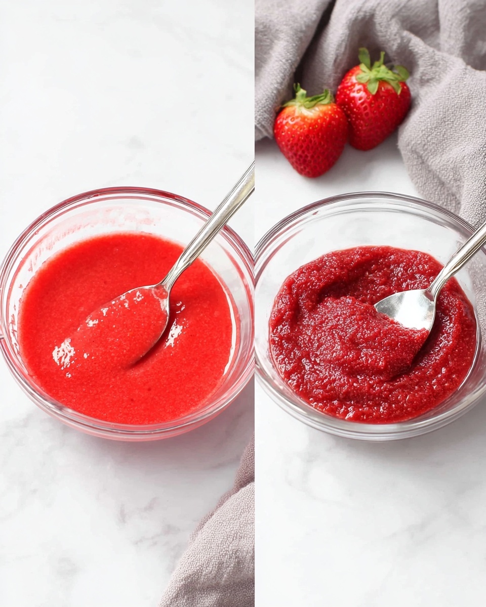 The image shows two side-by-side clear glass bowls placed on a white marbled surface. The left bowl contains a bright red smooth liquid mixture with a silver spoon resting inside, slightly glistening. The right bowl has a thick, darker red paste placed on a silver spoon that sits inside the bowl, and the paste looks dense and textured. Behind both bowls, there are three fresh red strawberries with green tops and a soft gray cloth casually spread. Photo taken with an iphone --ar 4:5 --v 7