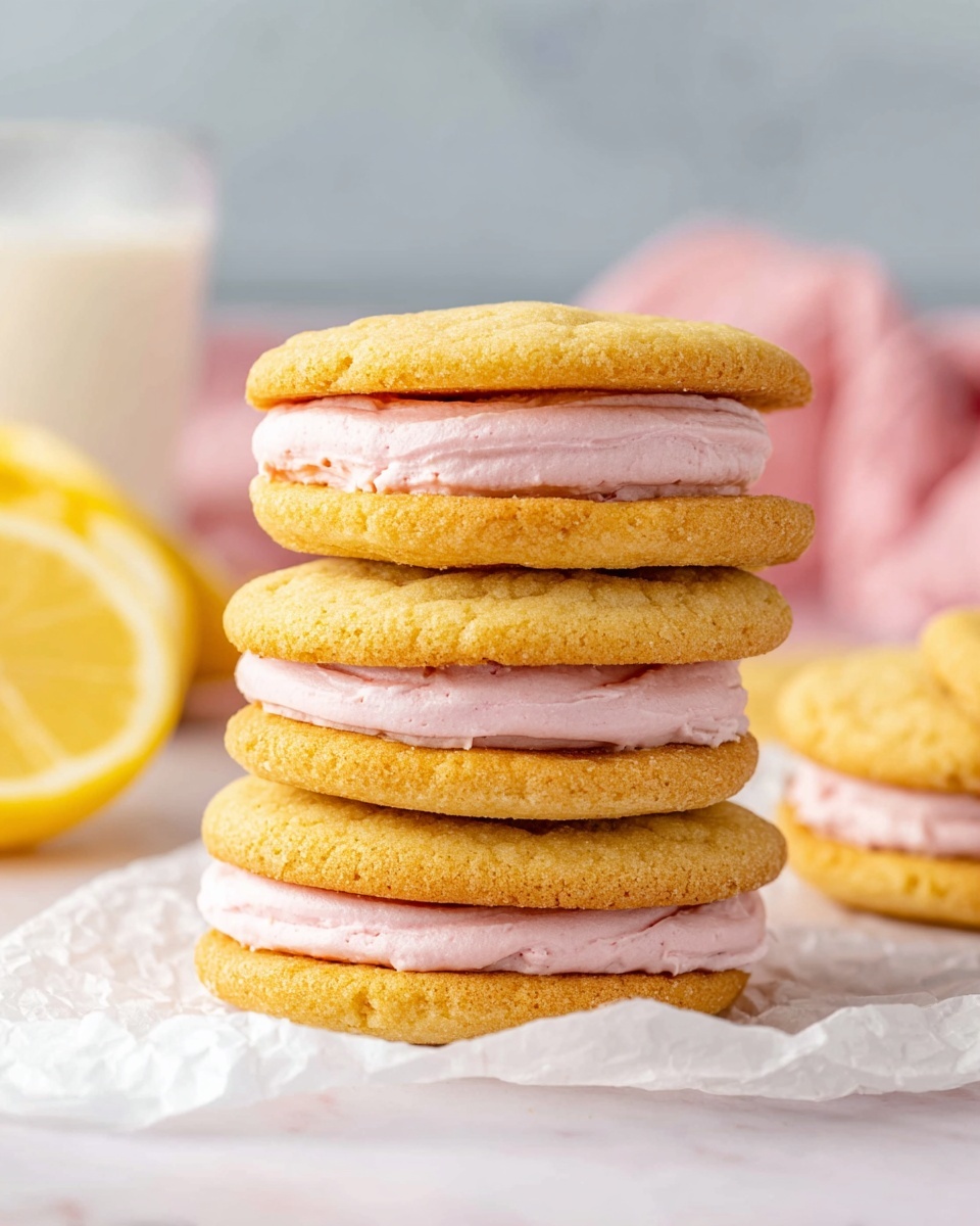 A stack of four sandwich cookies is shown close up, each cookie having two golden-yellow soft cookie layers with a thick, smooth, light pink cream layer in between. The cookies have a slightly cracked texture on top and appear soft and chewy. The stack is placed on crumpled white parchment paper over a white marbled surface. In the background, there is a half lemon piece on the left and a blurred glass of milk and some more cookies on a pink cloth. The photo taken with an iphone --ar 4:5 --v 7