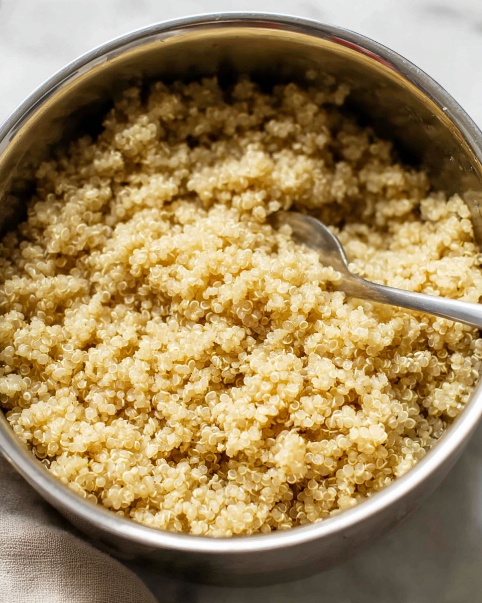 A close-up image of cooked quinoa in a metal pot. The quinoa grains are fluffy, light yellow, and evenly cooked, filling the pot almost to the top. A silver fork is placed inside the pot, slightly lifting some of the quinoa, showing its soft, separated texture. The pot is set on a white marbled surface. Photo taken with an iphone --ar 4:5 --v 7