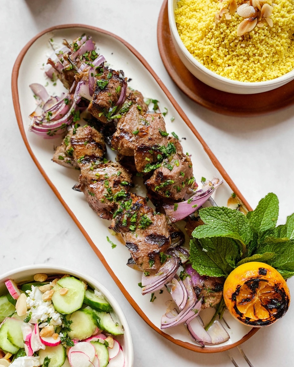 Two skewers lie on a long white plate with brown edges, each holding chunks of grilled brown meat layered with rings of light purple onion. The meat pieces are juicy with light grill marks and sprinkled with chopped green herbs. A grilled lemon half with charred black and yellow skin sits at the top right of the plate next to some fresh green mint leaves. To the left, there is a white bowl with sliced cucumber and radish salad, the cucumber is green with light seeds and the radish is white with bright red edges. To the right, a white bowl with yellow couscous is seen topped with pale brown slivered almonds and green herbs. The background is a white marbled surface. photo taken with an iphone --ar 4:5 --v 7
