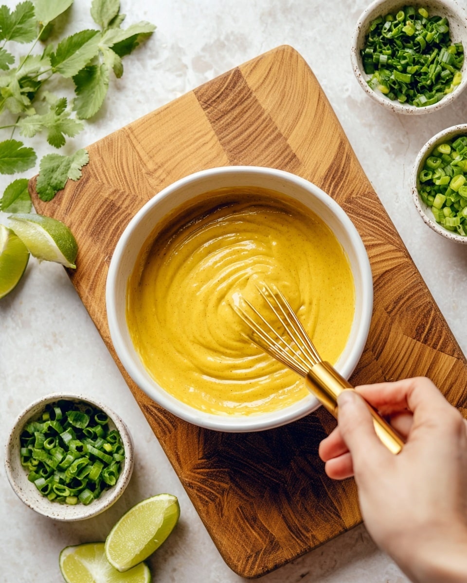 A white bowl filled with smooth, thick yellow sauce with a slight swirl texture. A woman's hand is holding a small gold whisk inside the bowl, mixing the sauce. The bowl is placed on a wooden cutting board with natural grain patterns. Around the bowl and board are small white bowls filled with chopped green herbs and sliced green onions, and lime wedges sit nearby. The background is a white marbled surface with scattered fresh green leaves. Photo taken with an iphone --ar 4:5 --v 7