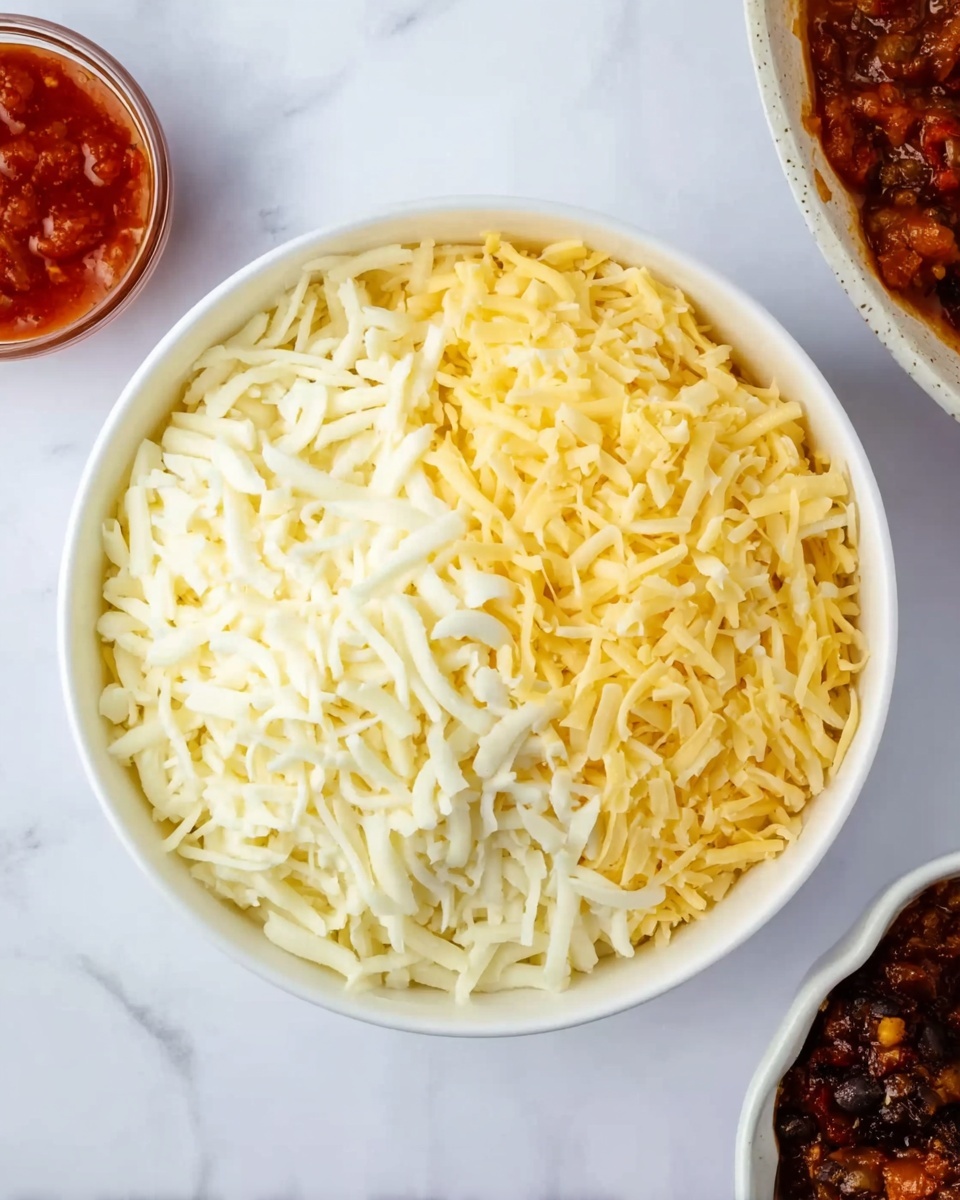 A white bowl filled with two types of shredded cheese side by side, with the left half white cheese and the right half yellow cheese, creating a clear split down the middle. Next to the bowl, on the white marbled surface, there is a small container filled with red salsa. Part of a white dish with a dark brown and red mixture is visible on the bottom right corner. The scene is bright and the textures of the shredded cheese look soft and fresh. Photo taken with an iphone --ar 4:5 --v 7