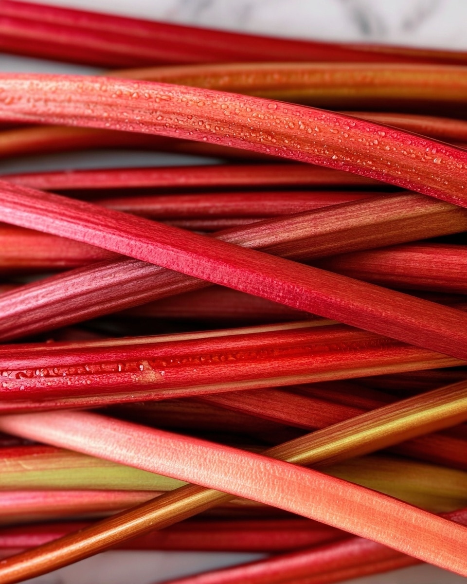 The image shows a close-up view of many long, thin rhubarb stalks piled together, showing smooth, shiny textures with droplets of water on their surface. The stalks have a rich red color with varying shades from deep red to lighter pink, and some have a slight green tint near the ends, all overlapping in a slightly messy arrangement. The background surface is a white marbled texture that contrasts with the vibrant red stalks. Photo taken with an iphone --ar 4:5 --v 7