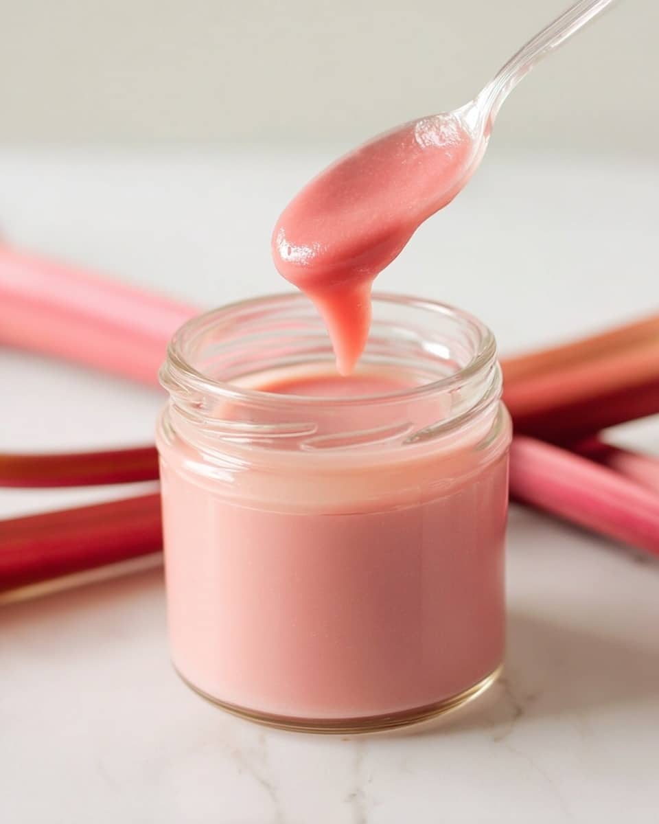 A single slice of brown toasted bread with a bite taken from the lower left side is covered with a smooth layer of pink spread, placed slightly off-center on a white glass plate with scalloped edges and a faint hint of pink near the rim. On the plate, just above the toast, rests a wooden knife with a white tip. Behind the plate is a white crocheted doily, and in the background, several fresh red and green rhubarb stalks lie on a white marbled surface with a glass jar filled with the same pink spread nearby. Photo taken with an iphone --ar 4:5 --v 7