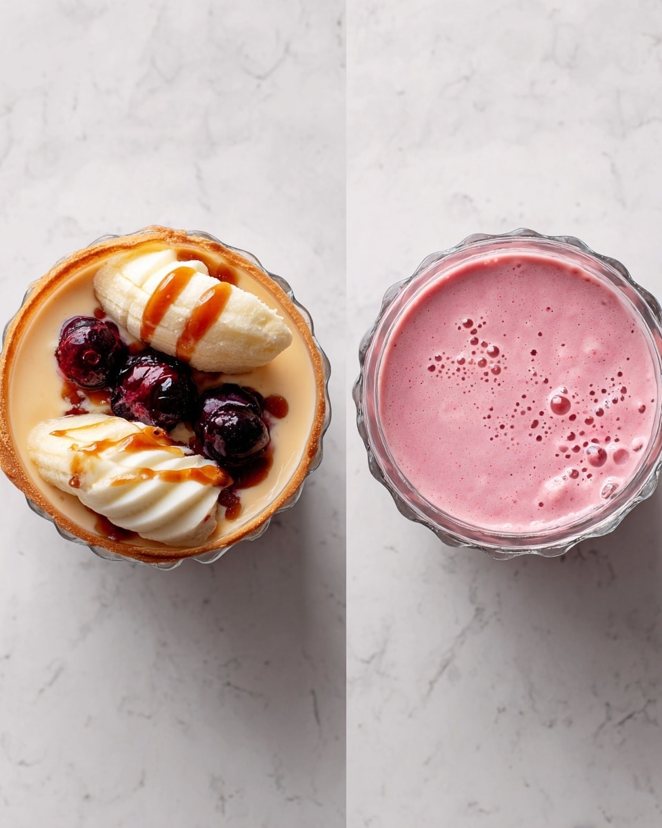 The image shows two round glasses placed on a white marbled surface. The left glass has four visible layers: at the bottom, a smooth beige layer topped by creamy white swirls, then dark brown syrup drizzled over, along with several whole berries in dark red and purple colors and a single slice of banana on top. The right glass shows a single smooth pink layer with small bubbles on the surface, indicating a creamy texture. Both glasses have scalloped edges. photo taken with an iphone --ar 4:5 --v 7