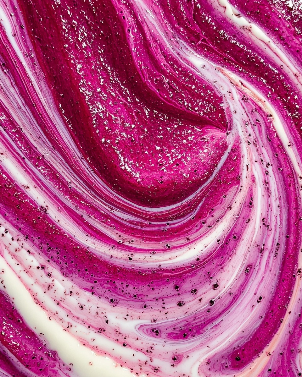 The image shows a close-up of a vibrant swirl with two main colors: a bright magenta with a shiny, thick texture mixed with smooth white lines. The magenta part has some small black specks scattered all over, creating a speckled effect. The white streaks are thin and flow smoothly in curving lines, blending gently with the magenta to form a marbled pattern. The mix looks creamy and rich, with the colors twisting together in a lively and dynamic way. The background is not visible as the focus is very tight on the swirling pattern. photo taken with an iphone --ar 4:5 --v 7