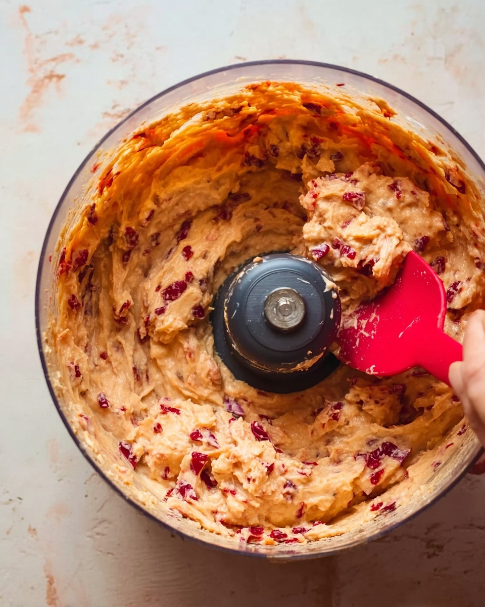 The image shows a close-up of a food processor bowl filled with a thick, chunky mixture. The mixture is mainly light orange with visible bits of red and purple pieces spread throughout. A red spatula is resting inside the bowl, partially covered by the mixture, with a woman's hand gently holding or stirring it. The food processor’s blade part is visible in the center, surrounded by the textured mixture. The background and surface around the bowl have a white marbled texture. photo taken with an iphone --ar 4:5 --v 7