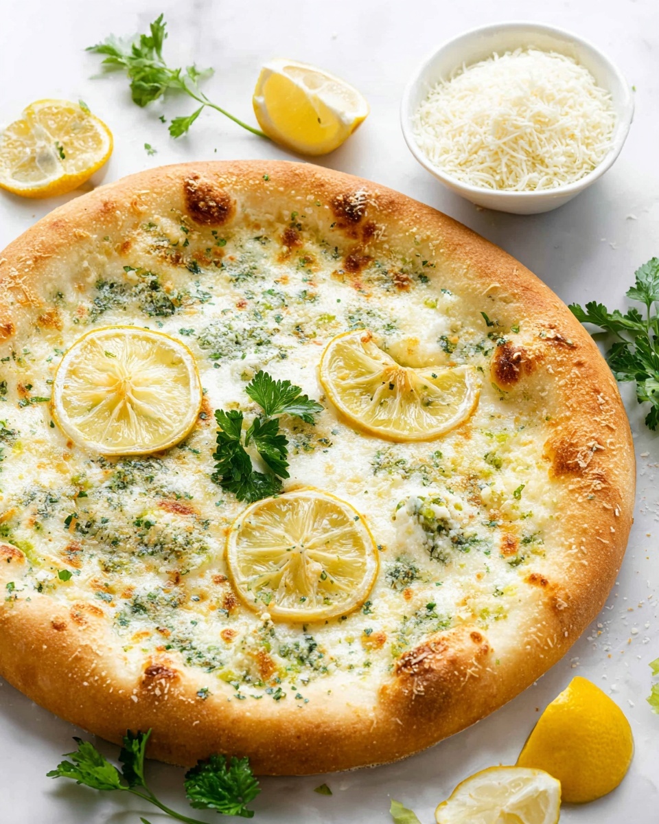A slice of pizza held by a woman's hand shows a thick crust with a golden brown outside edge. The pizza has two main layers: a white creamy cheese base topped with green herbs scattered around, along with small red flakes. On top of the cheese layer is a thin, round slice of lemon with yellow rind and visible seeds. The background includes a white marbled surface with more pizza slices and a glass filled with light yellow liquid and ice cubes. Photo taken with an iphone --ar 4:5 --v 7