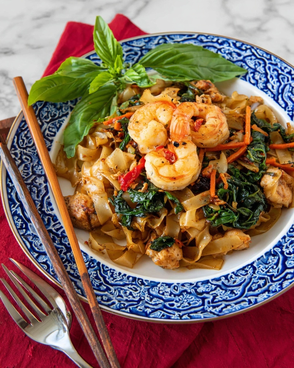 A white plate with blue decorative patterns holds a dish with three large orange and white cooked shrimp on top. Underneath, there are flat, light brown noodles mixed with green vegetables, small dark green peppercorn clusters, thin orange carrot slices, and red chili pieces. Some browned pieces of mushroom or tofu are scattered in the middle layer. A fresh green basil leaf crowns the dish on top. The plate sits on a red mat with green leaves in the background. There is a silver fork and wooden chopsticks resting on the edge of the plate. The photo is taken with an iphone --ar 4:5 --v 7