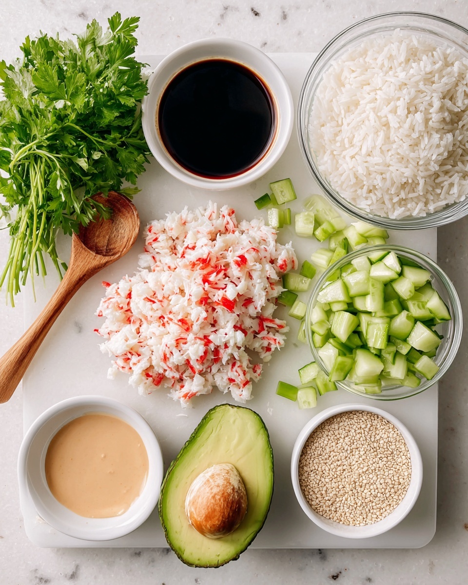 The image shows various ingredients laid out neatly on a white marbled surface. On the left, there is a bunch of fresh green parsley next to a wooden spoon. In the center, there is a pile of finely chopped imitation crab meat with a white and red color, beside a small white bowl filled with dark soy sauce. Next to it, there are small green cucumber cubes. To the right, a large clear glass bowl holds uncooked white rice, and below it, a smaller white bowl contains light beige sesame seeds. At the bottom center, there is a halved avocado with its green flesh and large seed showing. Finally, a small bowl with a creamy light orange sauce is placed near the avocado. All ingredients are shown clearly, arranged in layers by type and color. Photo taken with an iphone --ar 4:5 --v 7