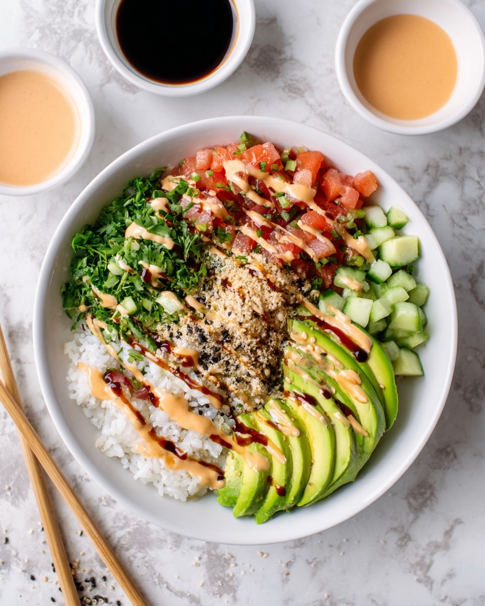 A white bowl on a white marbled surface holds a colorful poke bowl with five main visible layers arranged side by side. The bottom layer is white rice, which covers the whole bowl. On the top left is a bunch of finely chopped green herbs. Next to it, there are small diced red pieces, likely tomatoes, mixed with tiny white bits. Above the tomatoes is a drizzle of creamy light orange sauce and dark brown sauce, sprinkled with light brown crushed nuts or seeds. To the upper right is neatly sliced avocado, light green with a smooth texture, also drizzled with both sauces. The bottom right side has light green cucumber cubes. A small white bowl with light orange sauce and another small white bowl with dark soy sauce sit nearby. Two wooden chopsticks lie on the surface near the bowl. Photo taken with an iphone --ar 4:5 --v 7
