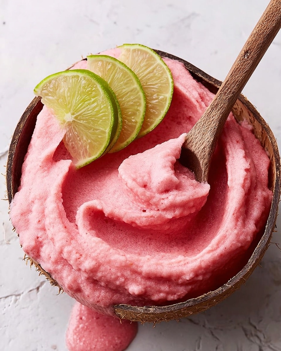 A close-up view of a thick pink sorbet with a smooth, creamy texture swirled in a hollowed coconut shell, topped with three fresh lime wedges arranged on one side. The sorbet is creamy and slightly rough on the edges, with a wooden spoon pressed into the center, creating a curved scoop shape. The coconut rests on a white marbled surface with a small drip of sorbet nearby. Photo taken with an iphone --ar 4:5 --v 7