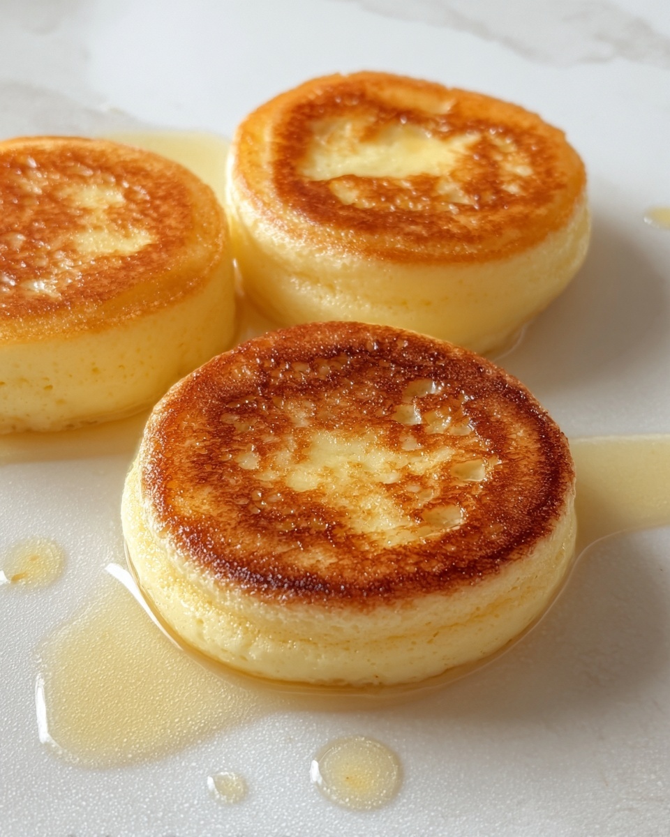 There are three small round cakes with thick, golden brown tops and light yellow edges, showing a soft and slightly shiny texture. The cakes are set on a smooth white marbled surface with small drops of oil around them, highlighting their fresh, cooked look. Photo taken with an iphone --ar 4:5 --v 7