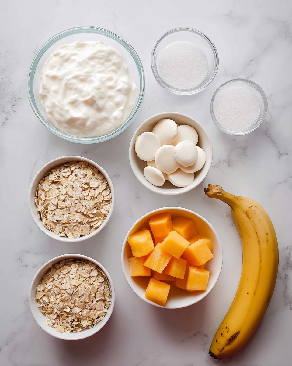 The image shows seven items arranged on a white marbled surface. In the top left is a glass bowl filled with thick white creamy yogurt. To the right are two small clear glass bowls, the top one containing granulated white salt and the bottom one filled with white sugar. Next to these is a medium white bowl filled with smooth, round white chocolate discs. Below, toward the left, there is a white bowl filled with light beige rolled oats. To the right is another white bowl filled with white milk, and below these is a white bowl containing bright orange cubed fruit pieces, likely mango or cantaloupe. Finally, a ripe yellow banana with brown spots rests on the right edge of the frame. The overall setup is neat, well-lit, and has a clean look. photo taken with an iphone --ar 4:5 --v 7