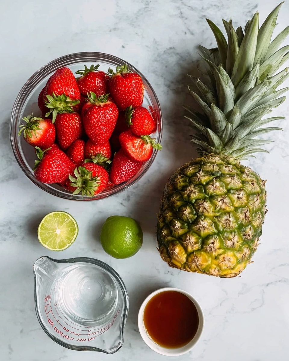 A clear glass bowl filled with bright red strawberries with green tops sits on the left side of a white marbled surface. To the right of the bowl, a whole pineapple with green and yellow textured skin and leafy crown is placed. Below the bowl, there is a small white cup filled with brown liquid next to two halves of a bright green lime. At the bottom left corner, a clear glass measuring cup with water inside completes the layout. The photo taken with an iphone --ar 4:5 --v 7