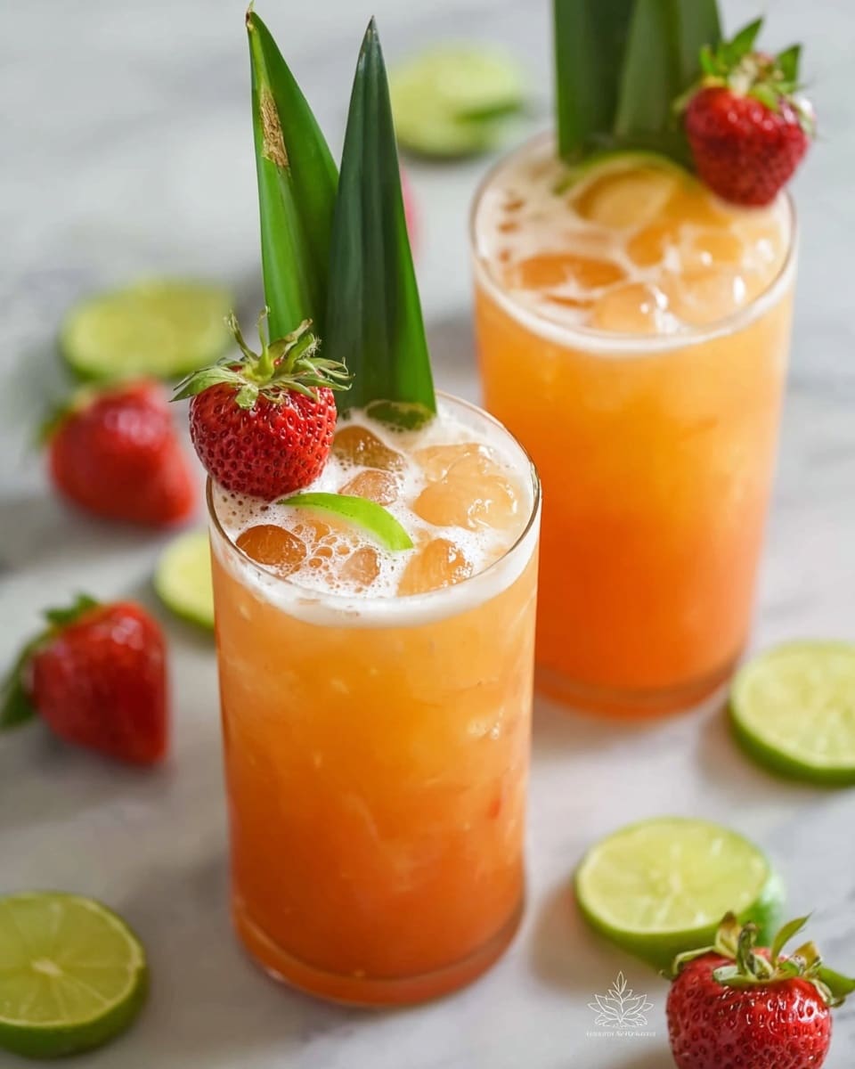 The image shows two clear glasses filled with an orange drink, each with a few ice cubes floating inside. On top of each glass, there is a layer of light foam or bubbles. Each drink is garnished with a green pineapple leaf sticking up vertically, a fresh red strawberry placed on the rim, and a thin slice of lime leaning inside the glass. The glasses are set on a white marbled surface, surrounded by scattered fresh strawberries and thin lime slices, adding a fresh and natural feel to the scene. Photo taken with an iphone --ar 4:5 --v 7