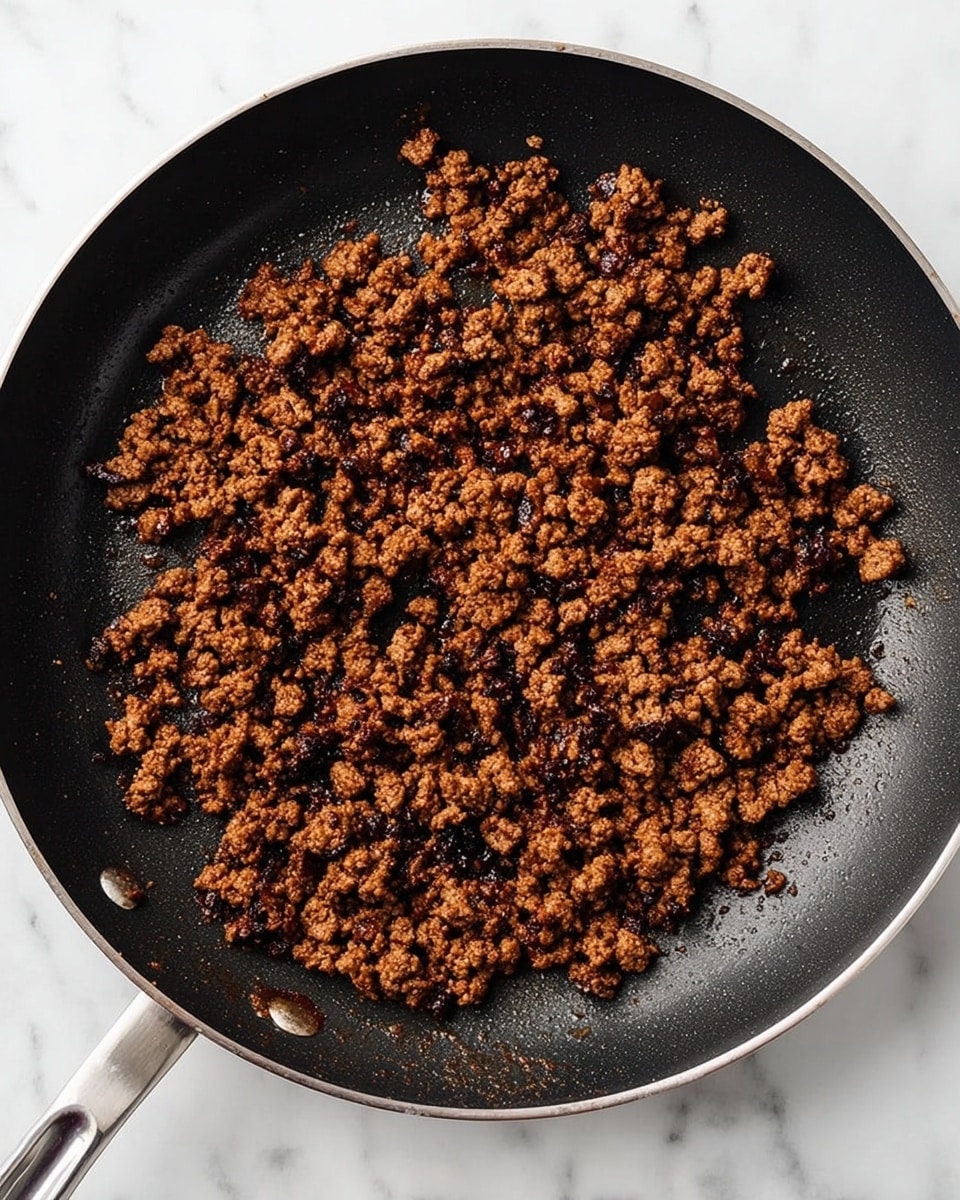 A close-up top view of browned, crumbled ground meat spread evenly across the surface of a black non-stick pan; the meat pieces vary in size with a rich, dark brown color and some crispy edges visible, while the pan shows slight oil residue and a metallic handle extending to the left, all set against a white marbled background. photo taken with an iphone --ar 4:5 --v 7