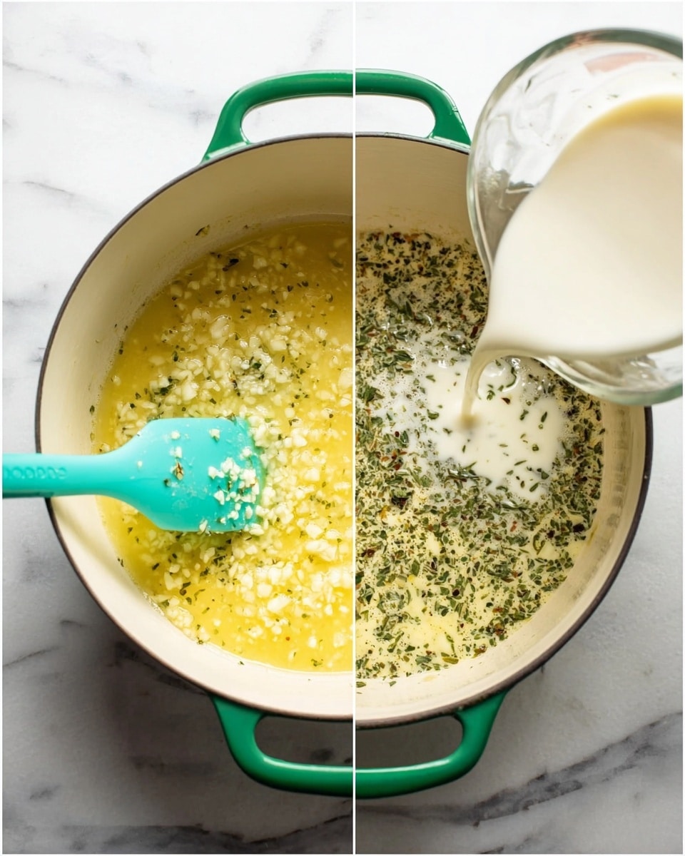 The image shows a large white pot with green handles placed on a white marbled surface. Inside the pot, there are two scenes side by side: on the left, a turquoise spatula is stirring a mix of yellow melted butter with small white minced garlic and green herbs scattered throughout. On the right, a clear measuring cup is pouring a stream of white cream into the yellow mixture with green herbs that covers the bottom of the pot. The textures inside look creamy and speckled with small bits of herbs. Photo taken with an iphone --ar 4:5 --v 7