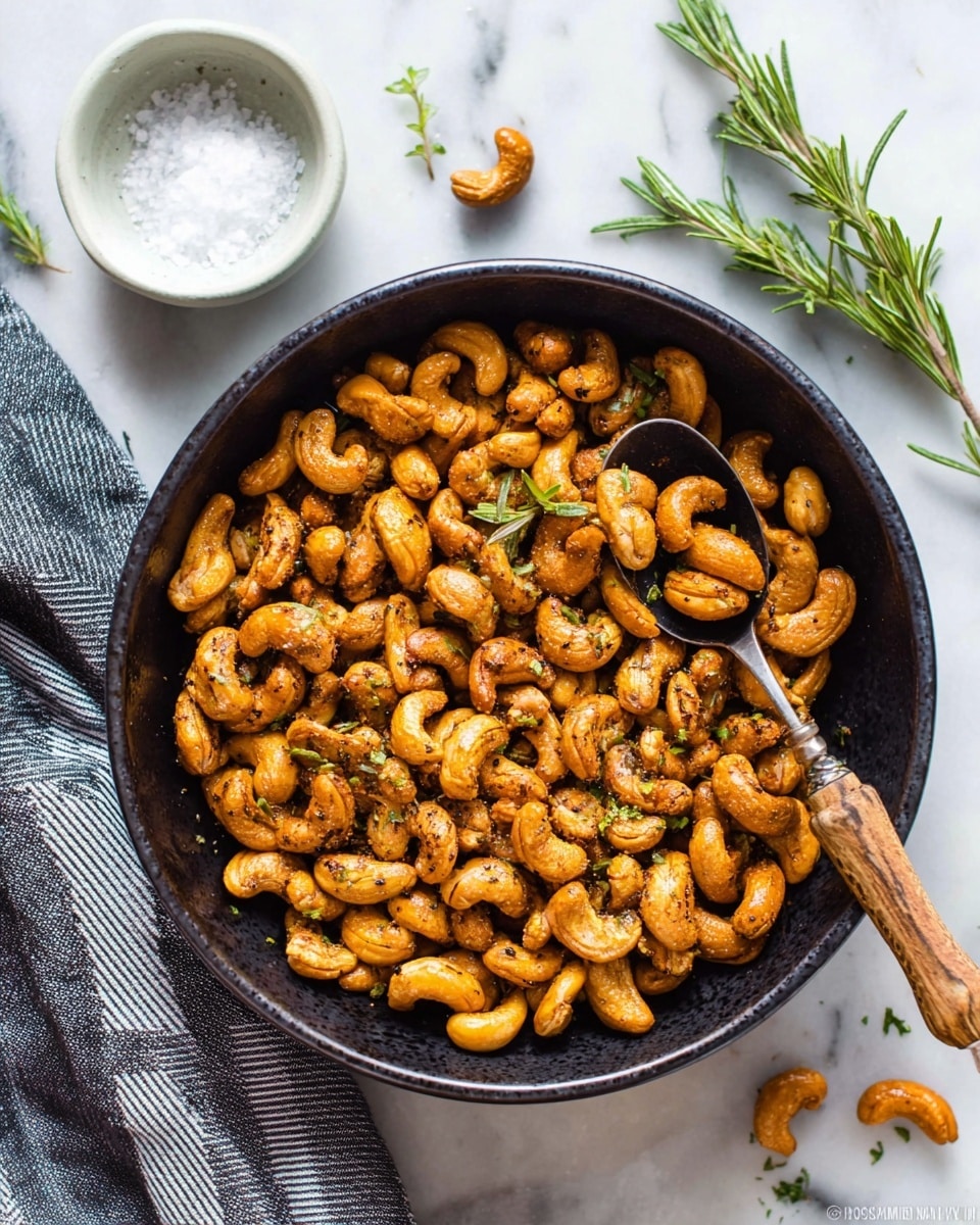 A large black bowl filled with one layer of golden-brown roasted cashews sprinkled with small green rosemary leaves, creating a textured and crunchy look. On top, a metal spoon with a wooden handle rests inside the bowl, holding a few cashews. The bowl is placed on a white marbled surface with a gray-striped cloth partially visible in the bottom left. A small white bowl with salt is placed near the top left, and sprigs of green rosemary rest on the surface to the right. The lighting gives the cashews a warm, slightly shiny appearance. photo taken with an iphone --ar 4:5 --v 7