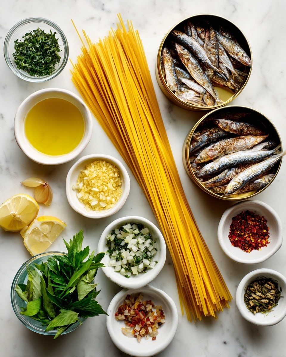 A collection of raw ingredients is arranged on a white marbled surface with two open tins of small, brown fish at the top right. Next to the tins are small white bowls holding minced garlic, chopped green herbs, and light-yellow lemon zest, while the center of the layout features a large bundle of uncooked yellow spaghetti. On the left side, there are small white bowls with olive oil, chopped shallots, and a lemon juice-like liquid, along with a small glass bowl of fresh green leaves and another white bowl with red pepper flakes. The colors range from light yellows and greens to reds and browns, all neatly spaced out. photo taken with an iphone --ar 4:5 --v 7