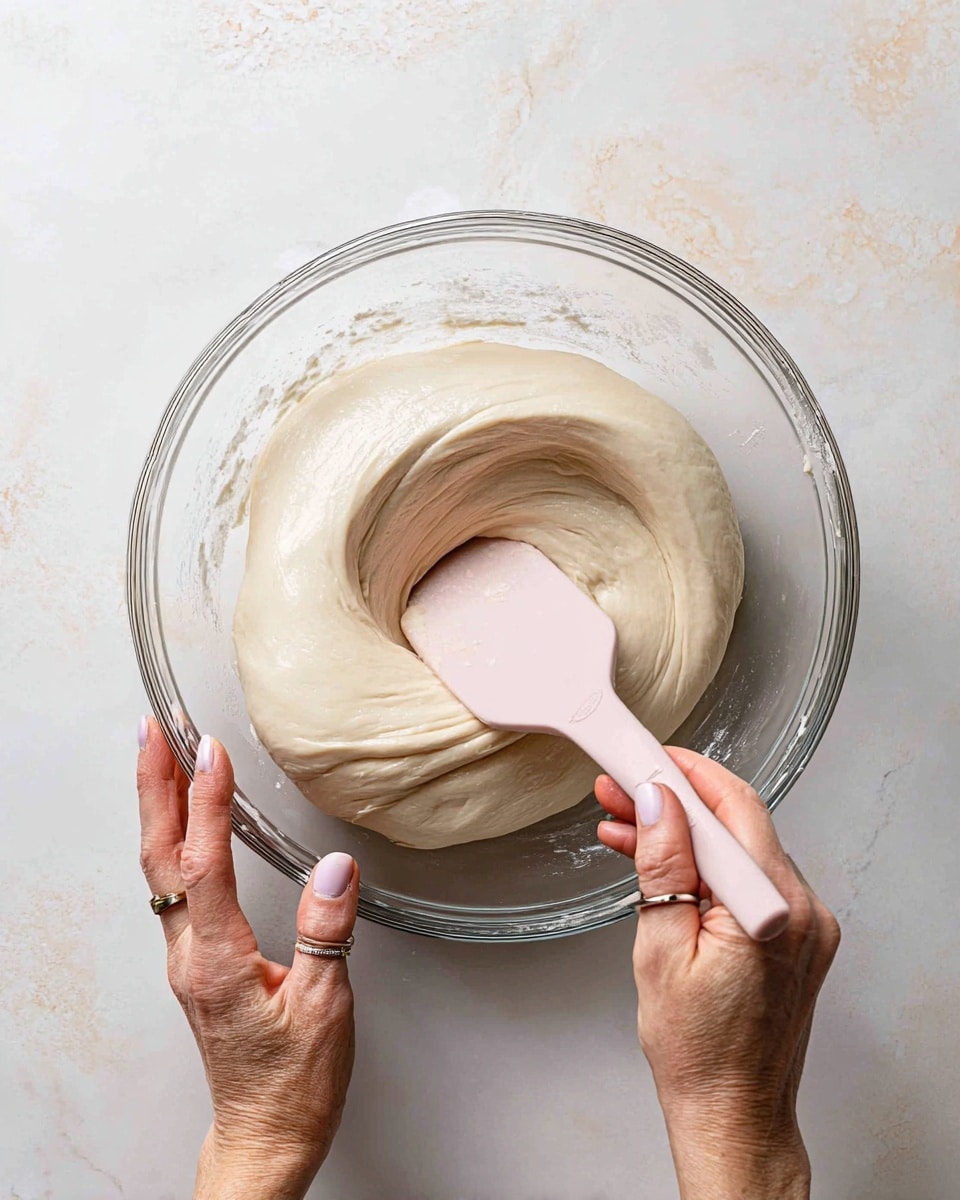 A clear bowl holds a single large layer of pale, soft dough being folded with a light pink spatula. The dough is smooth and slightly shiny, stretching gently as the spatula lifts it, curling inward at the center. A woman's hand grips the bowl on the left side, showing a ring on the ring finger and natural nails. The background is a white marbled texture. photo taken with an iphone --ar 4:5 --v 7