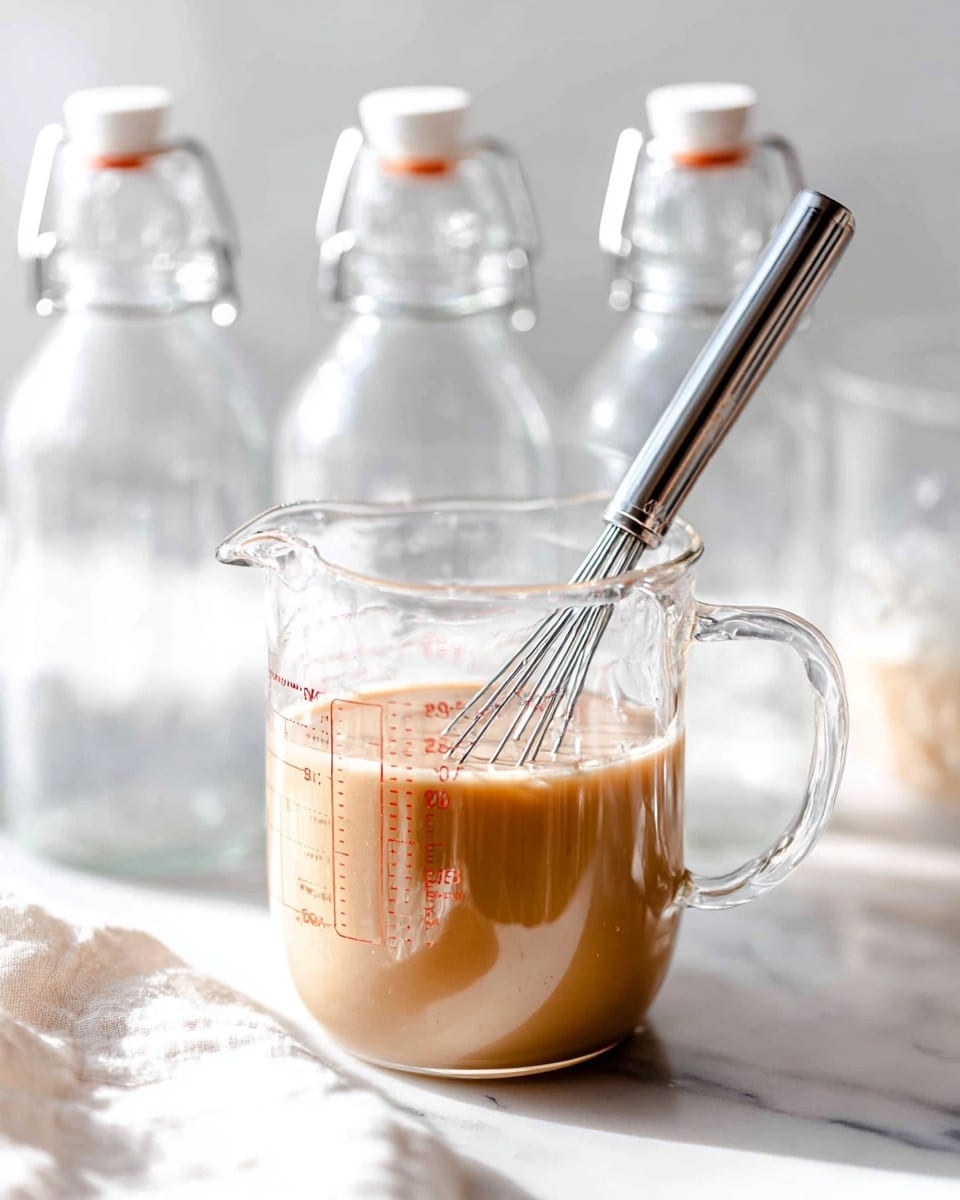 A clear glass measuring cup filled about halfway with a smooth light brown liquid, with a small silver whisk inside the cup. The cup sits on a white marbled surface. Behind the cup, there are three clear glass bottles with white tops and metal clasps arranged softly out of focus. The light is bright and natural, giving the liquid a glossy shine. A white cloth is slightly visible at the bottom edge of the image. Photo taken with an iphone --ar 4:5 --v 7