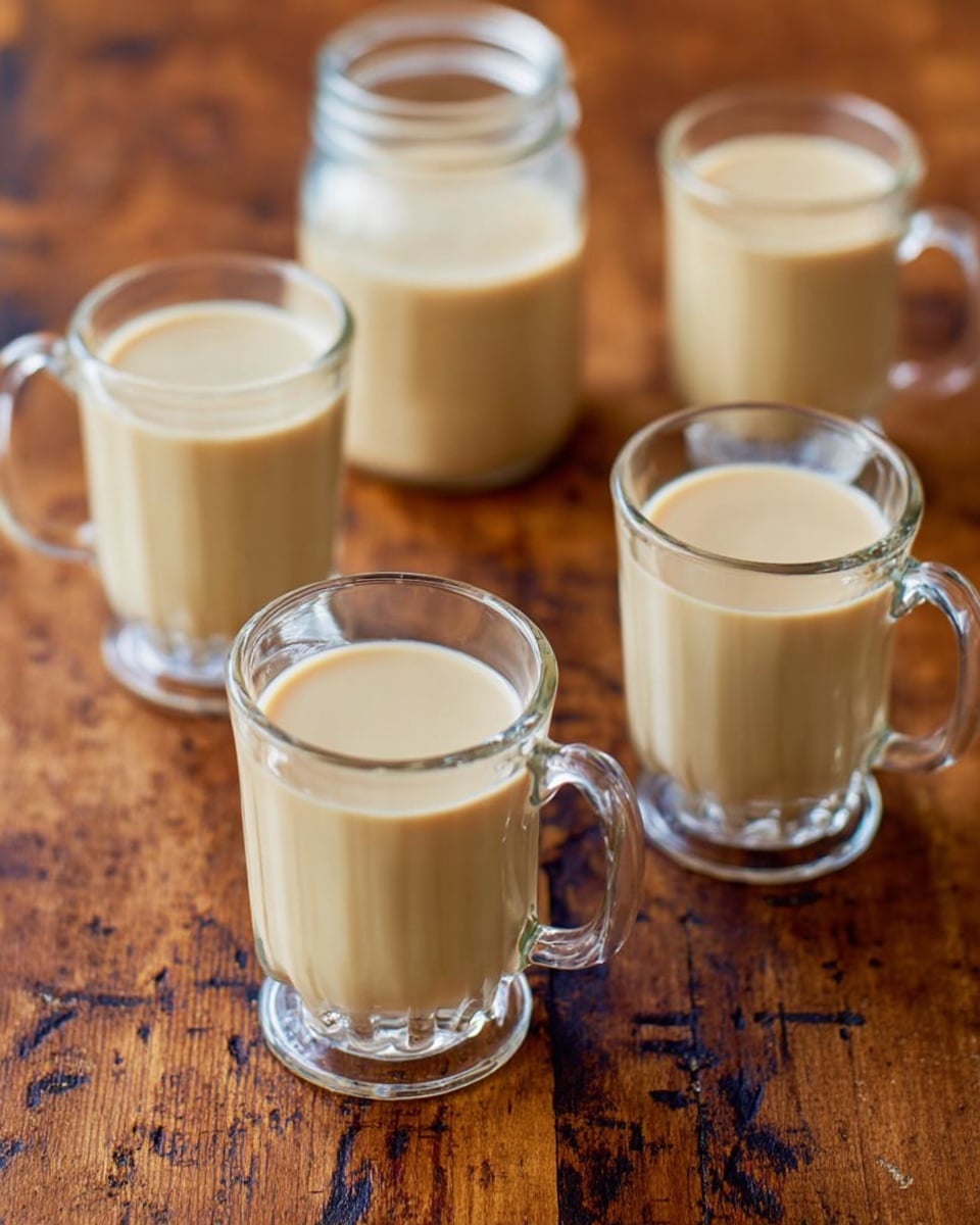 There are four clear glass mugs and one clear glass jar on a wooden surface. Each mug is filled nearly to the top with a creamy beige liquid, and the jar in the back also contains the same liquid. The mugs have thick bases and handles, with the liquid smooth and uniform in color. The wood surface has dark scratches and a warm brown tone. photo taken with an iphone --ar 4:5 --v 7