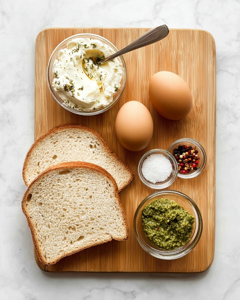 A wooden cutting board on a white marbled surface holds five food items arranged neatly: two slices of light beige bread with a porous texture positioned at the bottom left, two brown eggs placed side by side in the middle, a small clear glass bowl with a creamy white spread that has green herb flecks and a spoon inside on the top left, a smaller clear glass bowl filled with bright green pesto on the bottom right, and another tiny clear glass bowl containing coarse black pepper, red chili flakes, and white salt arranged in separate sections at the top right. Photo taken with an iphone --ar 4:5 --v 7