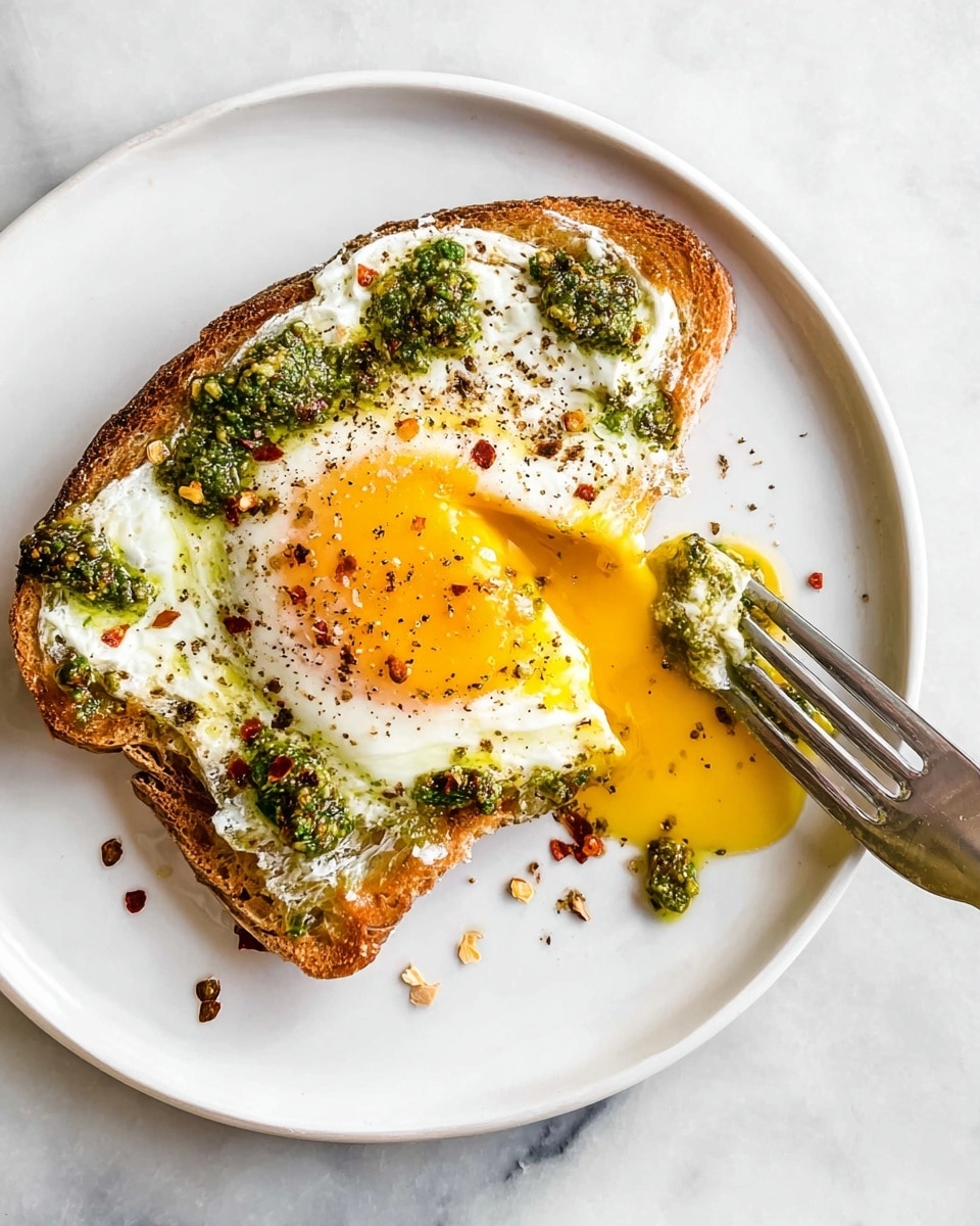 A white plate on a white marbled surface holds a slice of toasted bread with three layers: a base of white cheese spread, a sunny side up egg with a bright yellow runny yolk and soft white edges, and dollops of green pesto scattered on top with a sprinkle of black pepper and red chili flakes. A fork is holding a piece of the toast showing all layers clearly, with some yolk dripping onto the plate photo taken with an iphone --ar 4:5 --v 7
