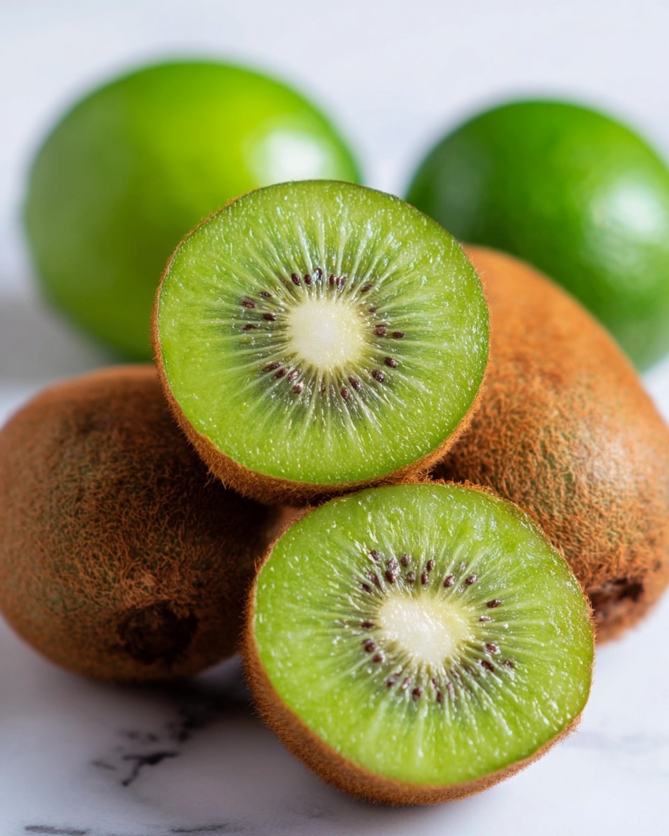 The image shows a close-up of two kiwis cut in half placed on a white marbled surface. Each kiwi half reveals the bright green center with tiny black seeds arranged in a circular pattern around a pale core. Behind the halved kiwis, there are whole kiwis with their brown fuzzy skin visible, and two green limes are positioned on either side, adding contrast. The textures are sharp and clear, highlighting the fuzzy kiwi skin and smooth lime surface, all set against the clean white marbled background. photo taken with an iphone --ar 4:5 --v 7