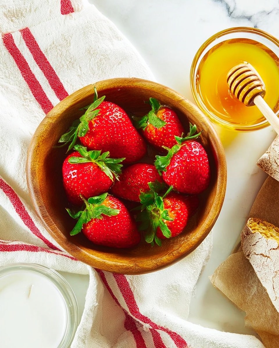 A wooden bowl filled with seven bright red strawberries with green leaves sits on a white marbled surface, partly covered by a white cloth with red stripes underneath it. To the right, there is a small clear glass bowl filled with golden honey and a light wooden honey dipper resting inside it. Below the honey bowl, a clear glass cup contains white yogurt. A piece of rustic white bread with anchoring texture is partly visible on the far right. The overall setting is bright and fresh. photo taken with an iphone --ar 4:5 --v 7