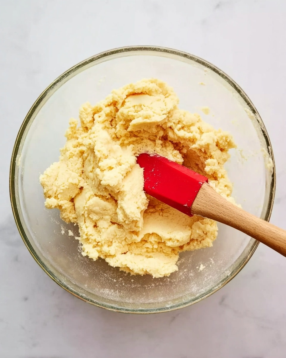 A clear glass bowl on a white marbled surface is filled with pale yellow dough that looks soft and slightly crumbly. A wooden spatula with a bright red rubber head is partially buried in the dough, as if just used for mixing. The lighting is bright and natural, highlighting the smooth texture of the dough and the grain of the wooden handle. Photo taken with an iphone --ar 4:5 --v 7