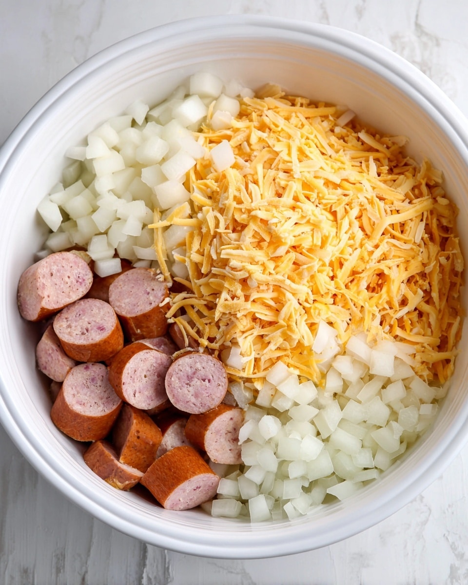 Inside a white bowl, there are four main layers arranged side by side. On the top right, there is a large pile of mixed shredded cheese with pale yellow and orange strands. On the top left, there are small white diced pieces, likely potatoes or another vegetable. Below the cheese, on the right side, sits a heap of diced white onions. At the bottom left, sliced sausage pieces show a smooth brown skin and a pink inside. The bowl rests on a white marbled surface, with soft, natural light illuminating the scene. Photo taken with an iphone --ar 4:5 --v 7