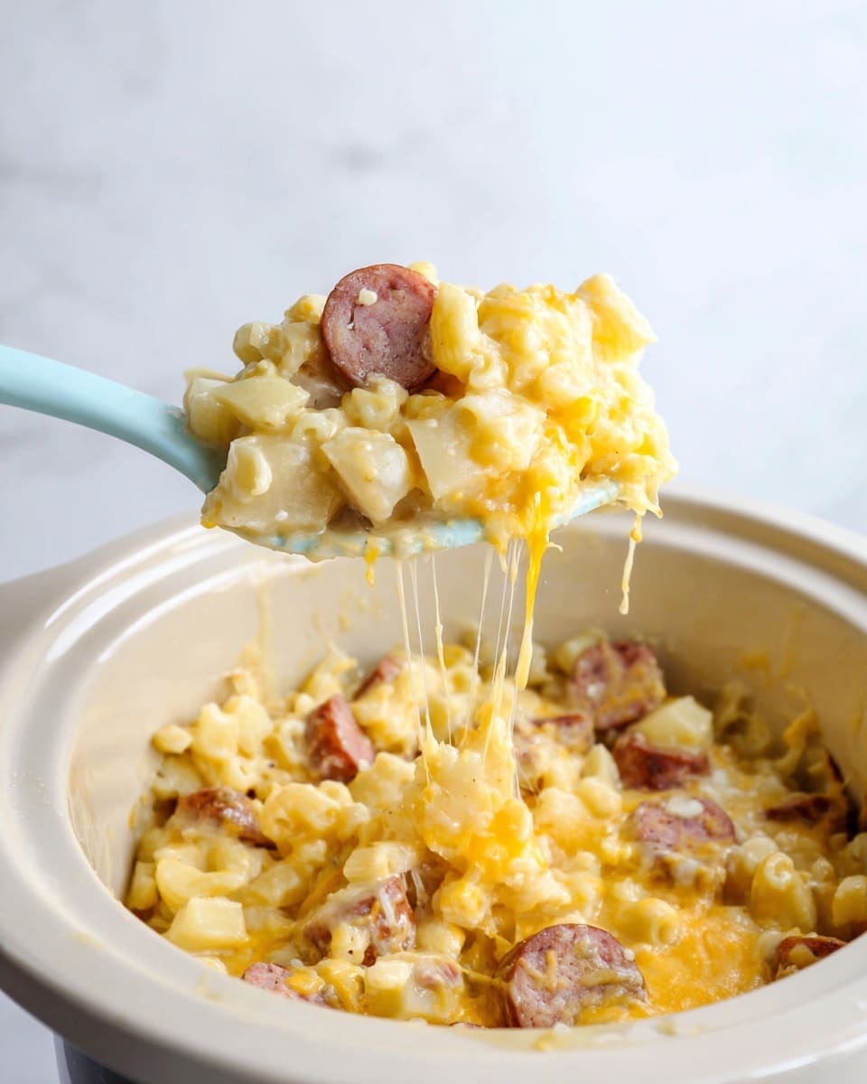 A light blue spatula holds a close-up scoop of cheesy macaroni mixed with pale yellow melted cheese, small cubed potatoes, and round pieces of sausage with brown skin and pink centers. The pasta mixture is gooey and creamy with strings of cheese stretching down to a white slow cooker filled with the same pasta, cheese, potato, and sausage layers beneath. The whole scene is set against a clean white marbled surface and plain white background. photo taken with an iphone --ar 4:5 --v 7