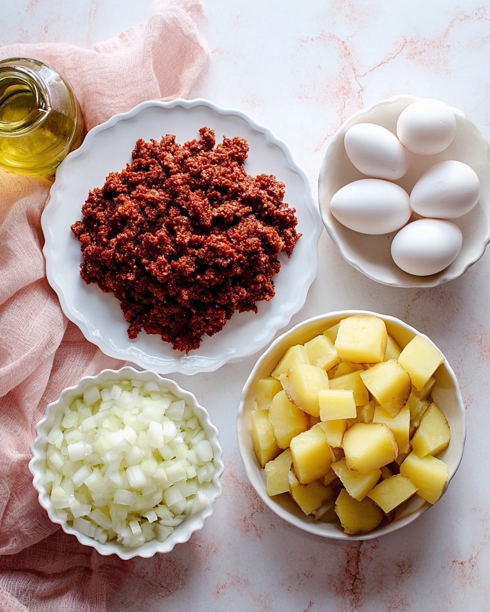 A white plate in the center holds a pile of cooked chorizo sausage, rich reddish-brown in color with a slightly crumbly texture. To its lower right is a white scalloped bowl filled with chopped yellow potatoes with skin on, showing rough, uneven edges. Below the chorizo and to the left sits a smaller white bowl filled with diced white onions, cut into small square pieces. To the far right of the image is a larger white bowl containing six whole white eggs. At the top left corner, a glass bottle filled with golden olive oil features a spout, and a soft pink cloth is partly visible on the lower left of the scene, all placed on a white marbled surface. Photo taken with an iphone --ar 4:5 --v 7